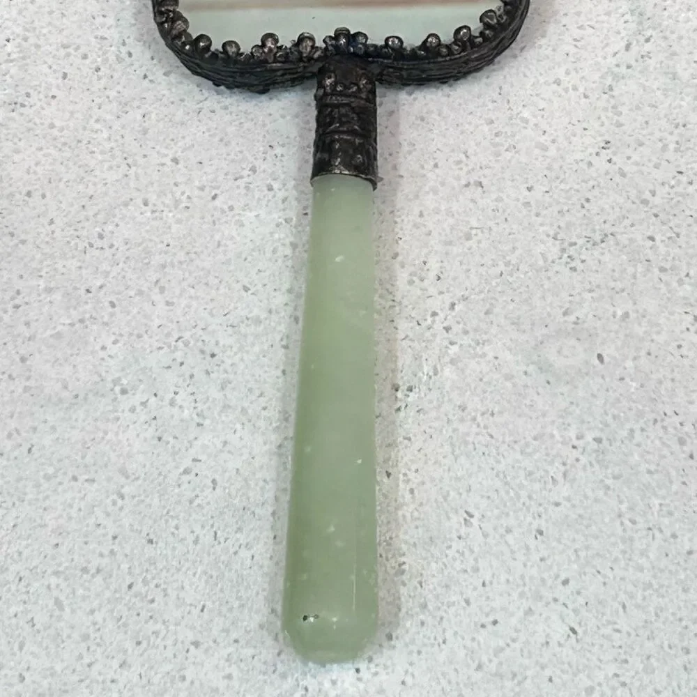 Vtg Chinese Hand Mirror Rounded Corner Squircle W/ Jade Handle & Porcelain Back
